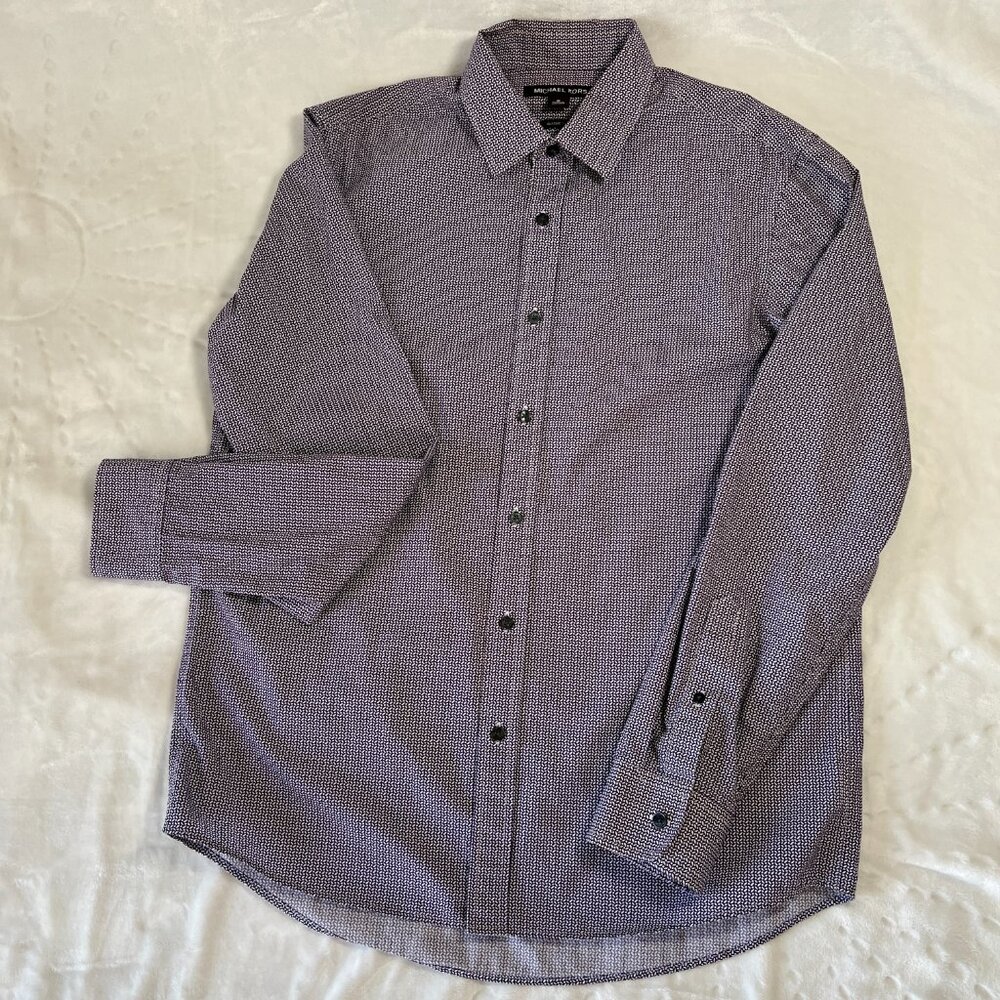 Michael Kors Mens Shirt Size M Classic Fit Long Sleeve Blue Burgundy White print
